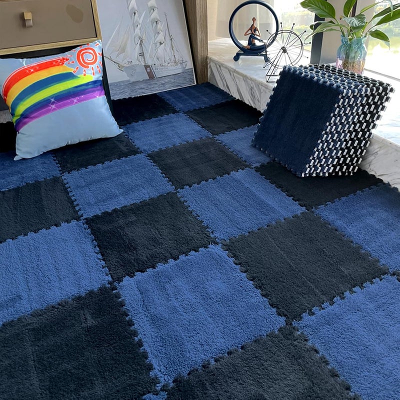 JADERLU 16pcs 0.6" Thickened Interlocking Tile Mats,Fluffy Shaggy Soft EVA Foam Area Rug for Living Room&Bedroom,Non-Slip Protective Floor Carpet Play Mat Kids Baby Dorm Home Decor 11.8ft (Navy Blue) - Image 4